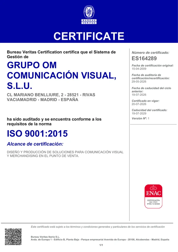 Certificado ISO 9001 — Grupo OM Comunicación Visual, S.L.U.