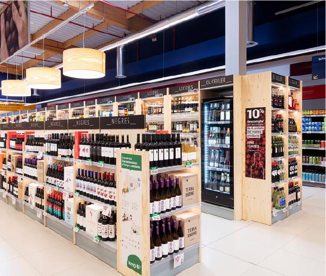 Wines and spirits aisle in a supermarket